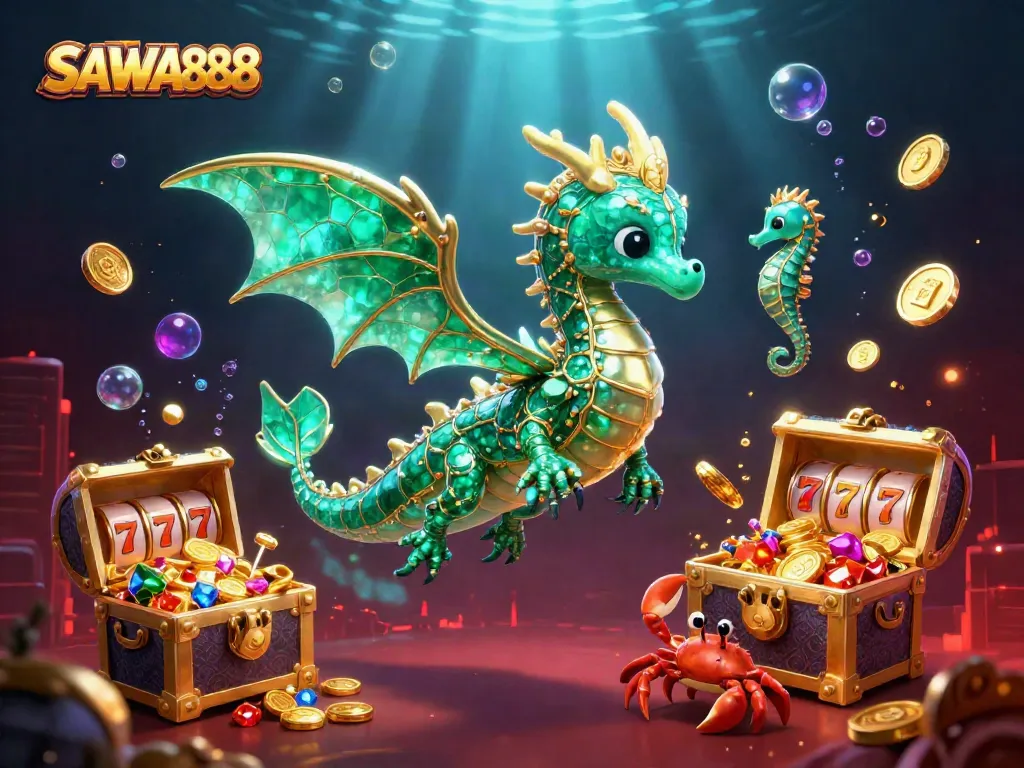 Experience the excitement of SAWA888 with vibrant casino elements and enchanting sea creatures.