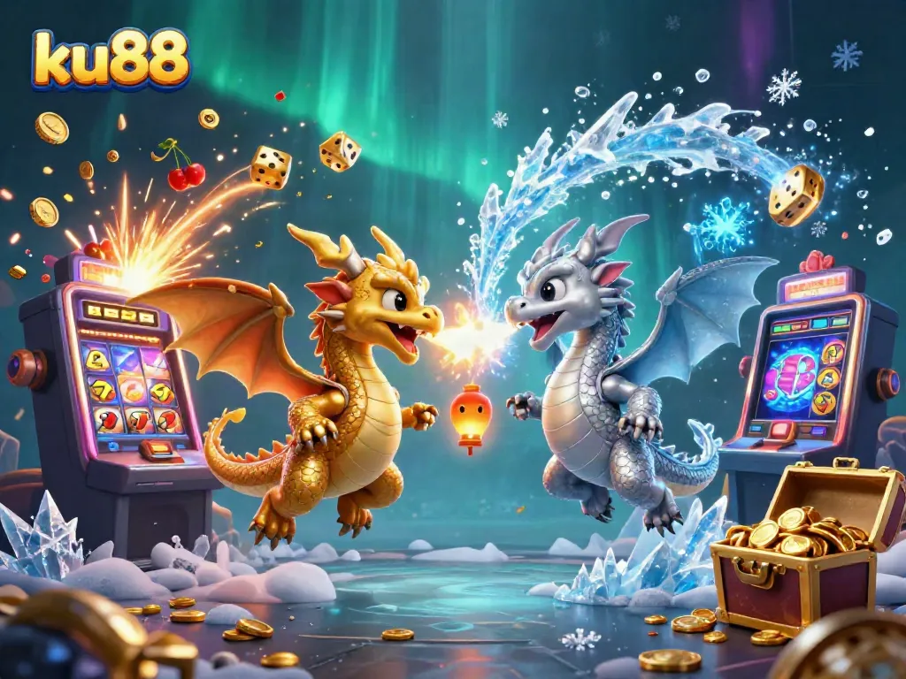 Engage with ku88 in a vibrant 3D casino scene featuring mythical dragons amid a jackpot explosion.