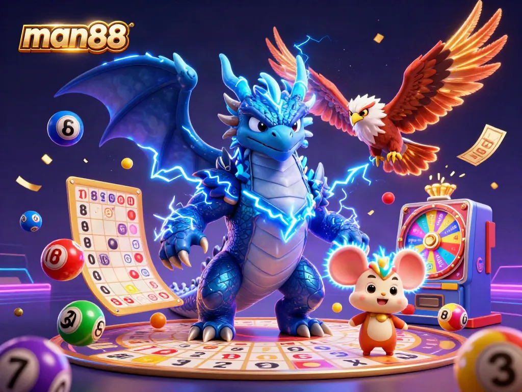 Engage with man88's thrilling online casino games featuring dynamic characters, colorful lottery elements, and immersive gaming effects.