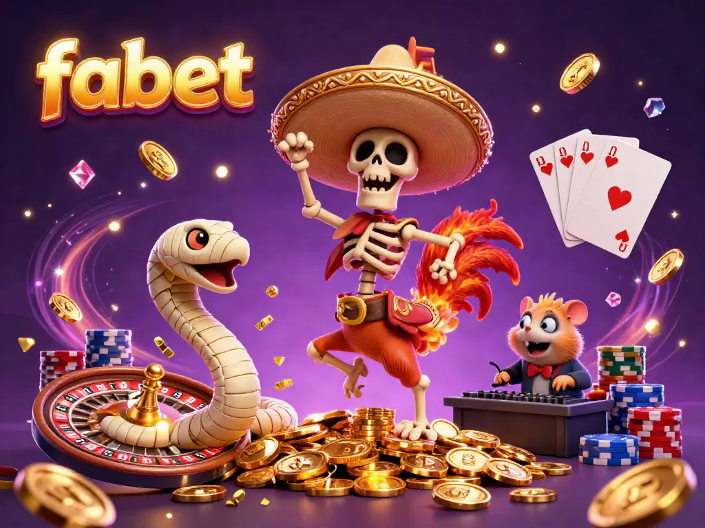 Experience fabulous wins at fabet as a vibrant cartoon mariachi rooster celebrates on a pile of golden coins amidst dazzling casino elements.
