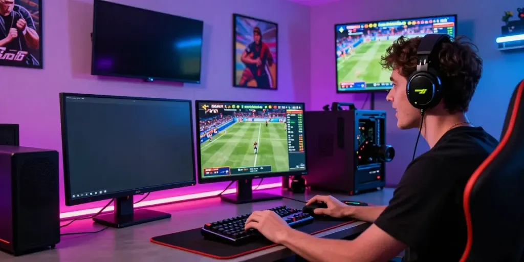 Engaged player at Man88 sports betting setup with vibrant lighting and gaming gear.
