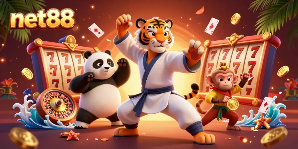 Experience the excitement at net88 with a dynamic scene of a kung fu master and friends amidst vibrant casino elements.