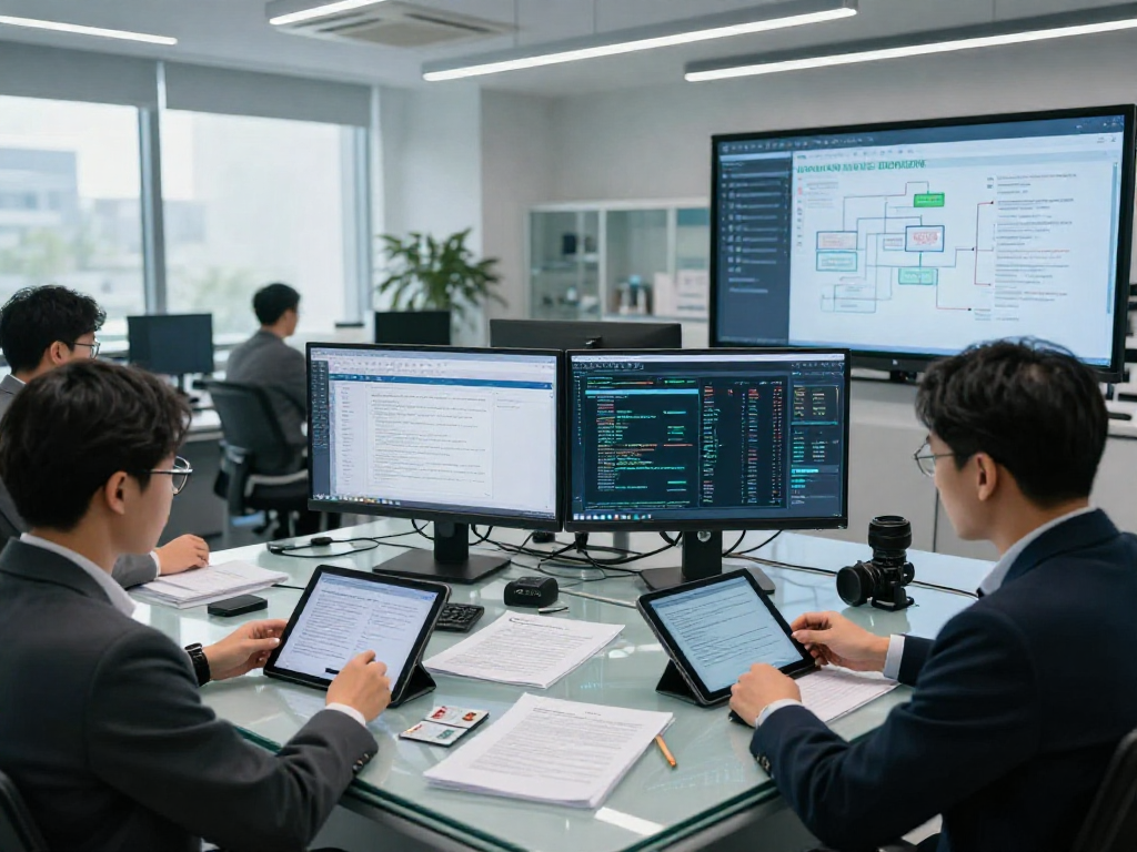 Experts in document fraud detection analyzing various IDs and reports using AI technology in a high-tech lab.