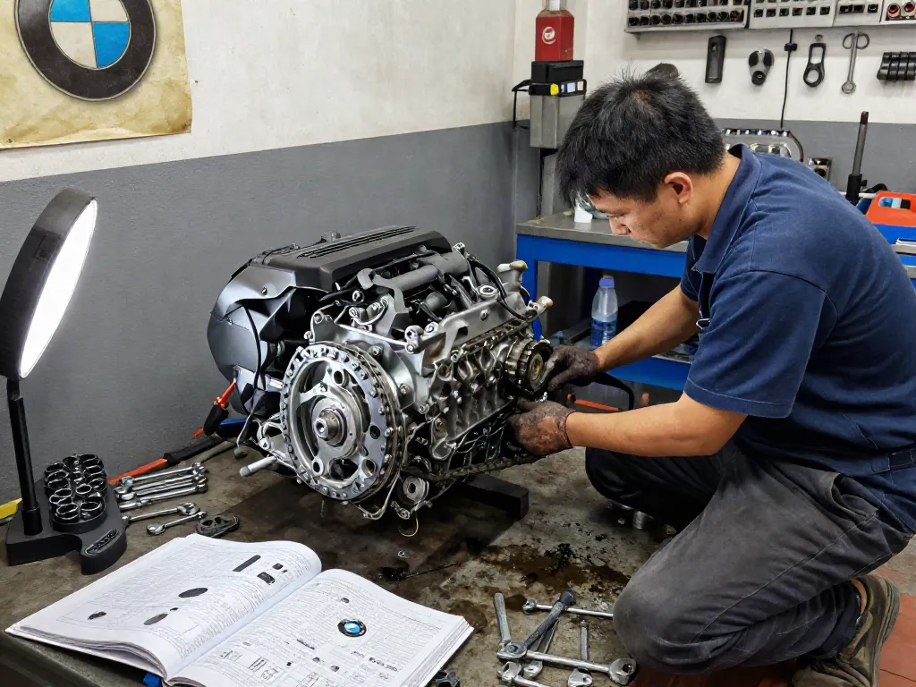 Mechaniker bei der Arbeit, um die BMW Steuerkette zu wechseln, technische Ausrüstung und Werkzeuge sichtbar.