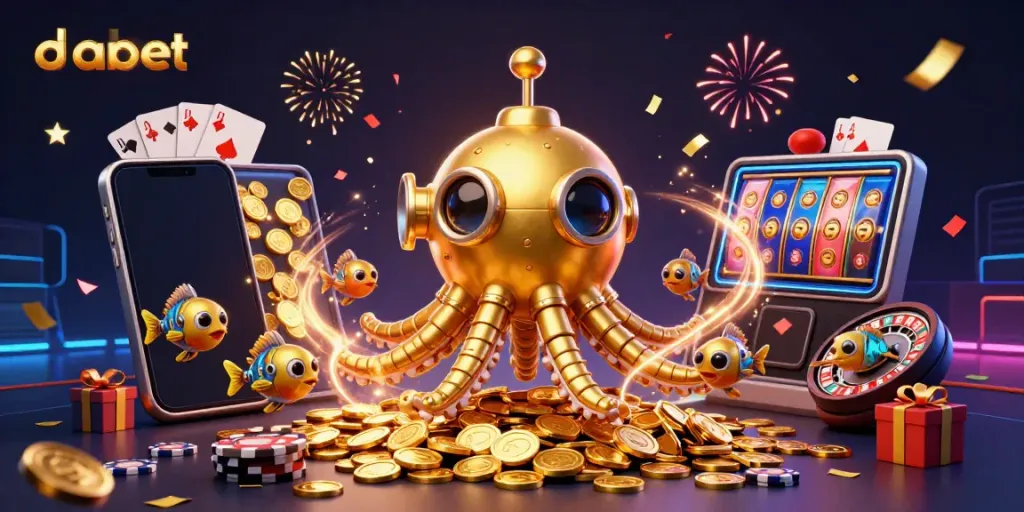 Dabet casino features a golden kraken submarine and mechanical fish, surrounded by gaming elements.