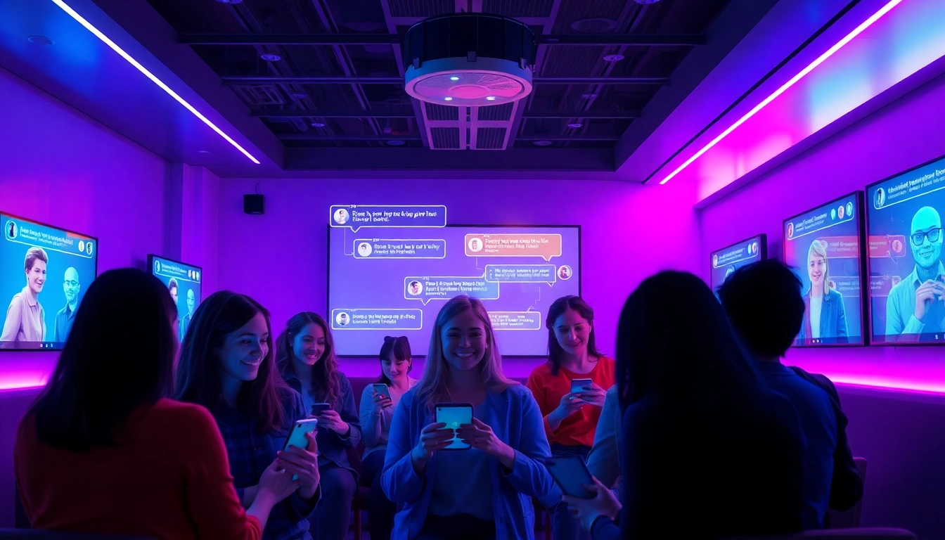 Engaging scene of adults interacting with AI for nsfw chat in a modern lounge.