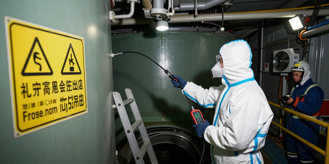 Gasmesstechnik beengter Raum: Arbeiter mit Gasdetektor in engen Räumen, Sicherheitsausstattung und Warnschilder sichtbar.