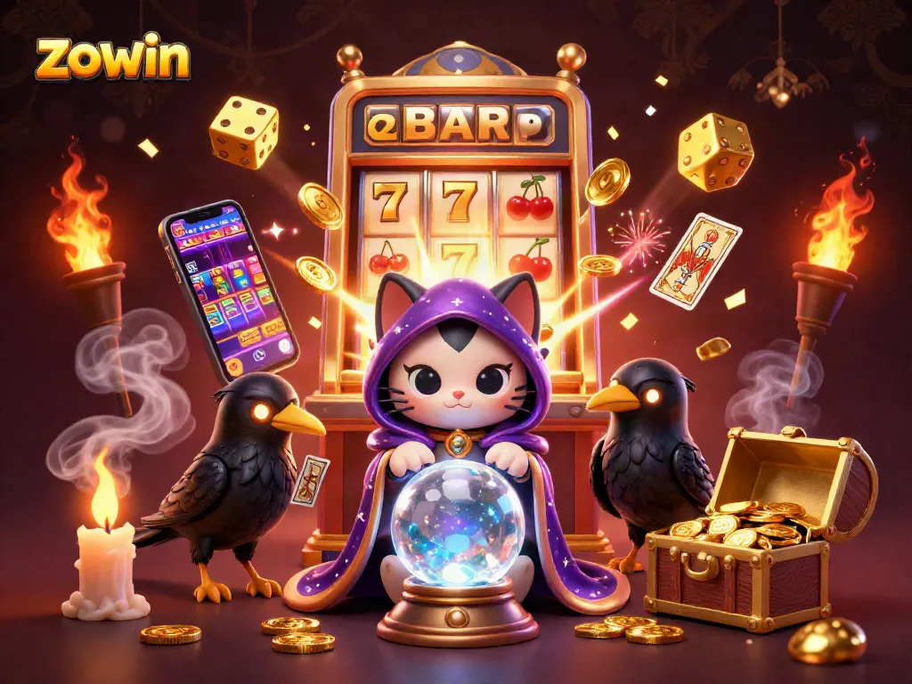 Zowin engages players with exciting action around a mystical cat, raven, and bursting slot machine scene.