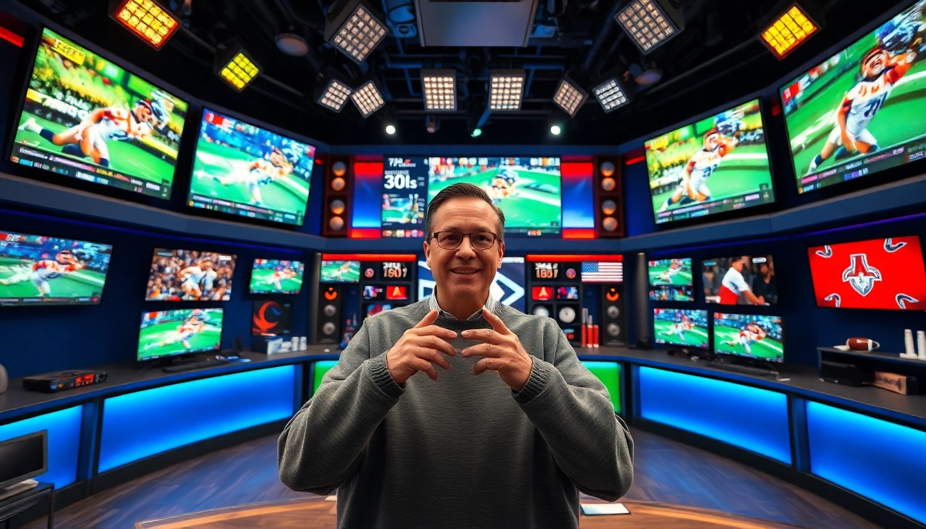 Engaging scene of sports broadcasting with host discussing live sports highlights.