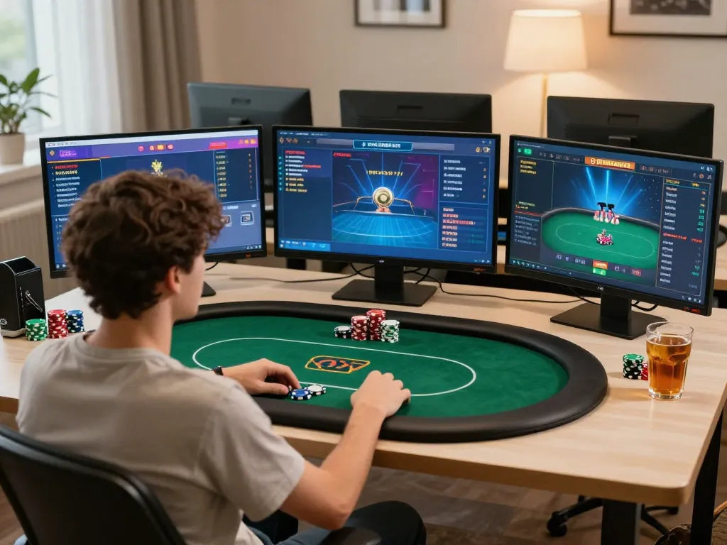 Engaged player enjoying online gambling at vipwin.com with multiple screens showing live poker gameplay.