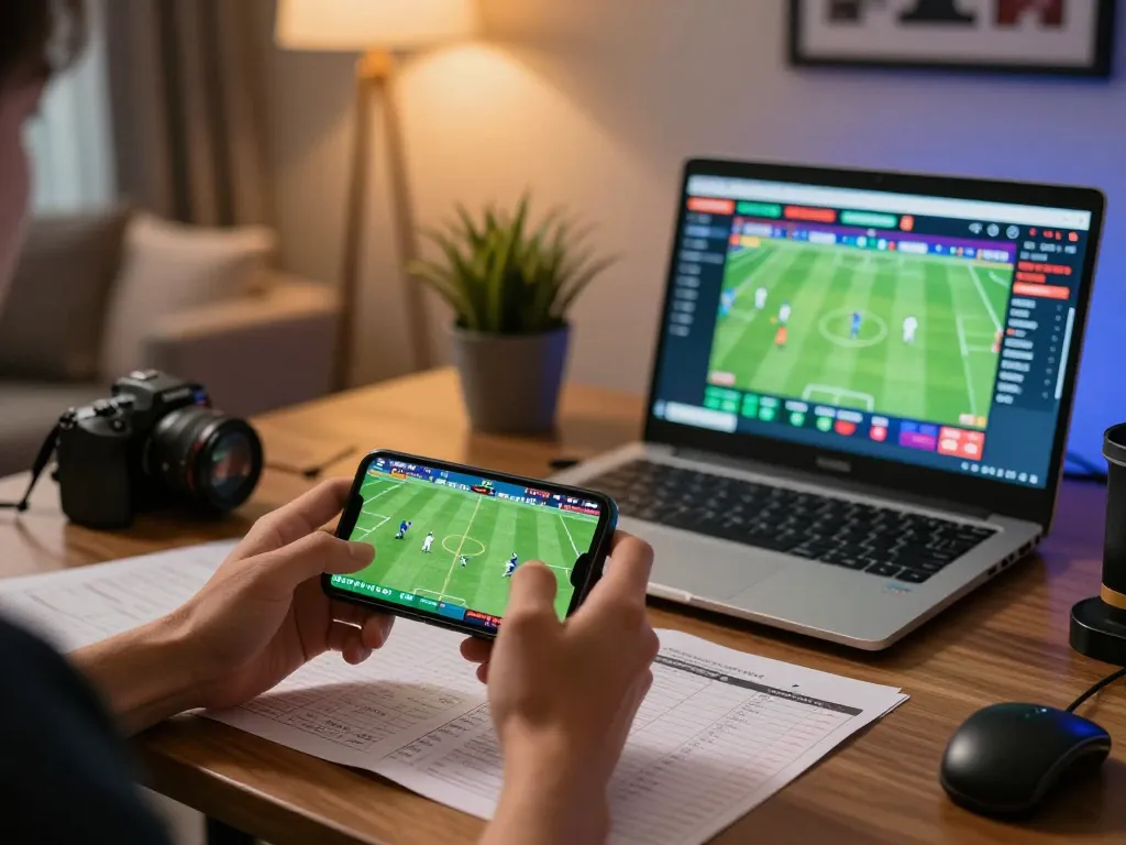 Person betting on sports using TR88 app during live football match, modern home setting, smartphone in focus.