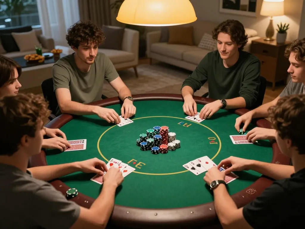 Poker game night with friends using go8.com for strategy, showcasing chips and cards at a home setup.