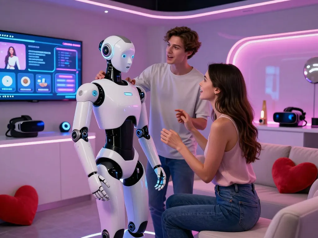 Interacting with a lifelike sex bot in a modern showroom showcasing advanced adult technology.