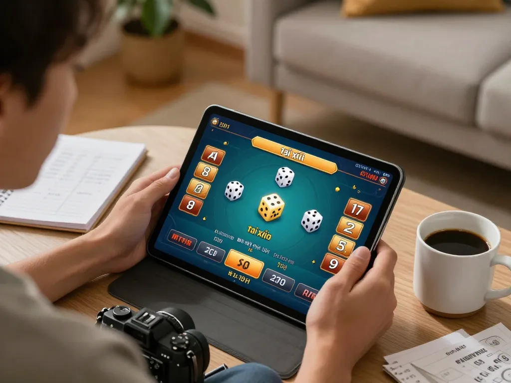 Playing tài xỉu online on a tablet in a cozy home setting with strategy notes and warm lighting