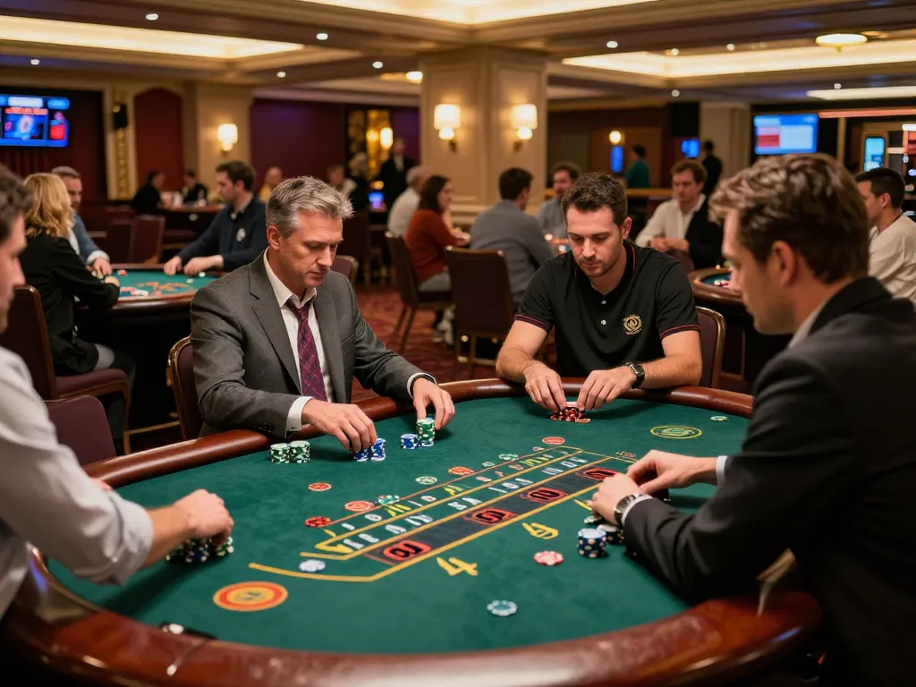 Dagago players engaged in strategic blackjack at a vibrant casino, showcasing dynamic gameplay.
