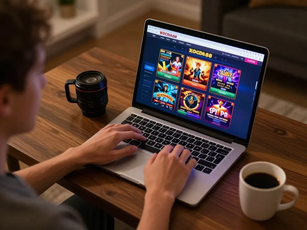 Engaging with the XOCDIA88 online casino interface from a cozy home setup, illustrating modern gambling.