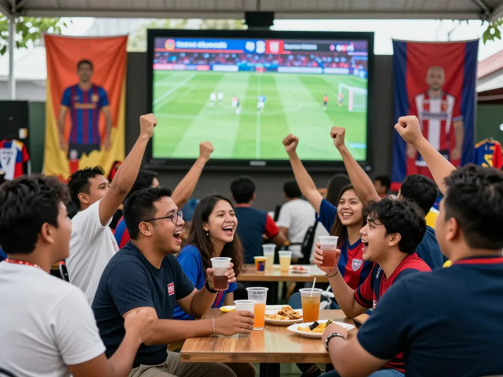 Excited fans celebrating Judi Bola during a football match outdoors with drinks and team gear.