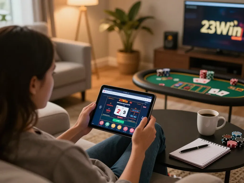 Engaging with 23Win's online casino on a tablet, focused atmosphere for strategic gaming.