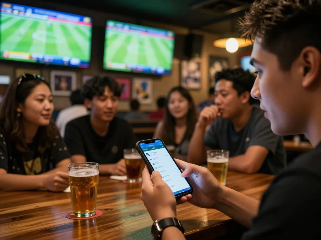 Engaging sports bettor analyzing kèo nhà cái 5 on smartphone at a vibrant sports bar
