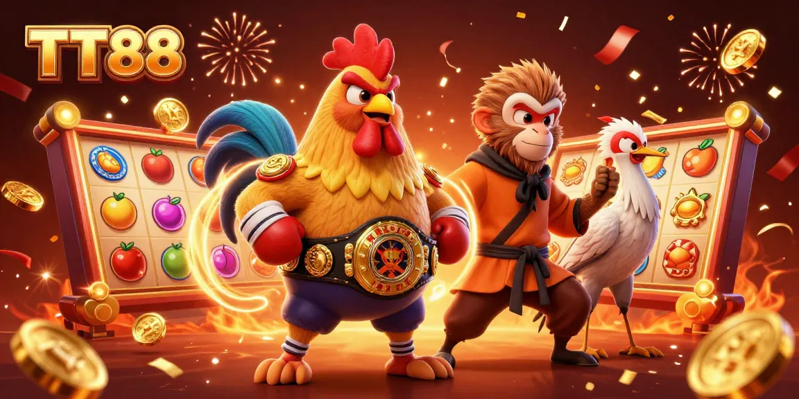 Engage with the vibrant TT88 casino scene showcasing dynamic slot elements and energetic characters.