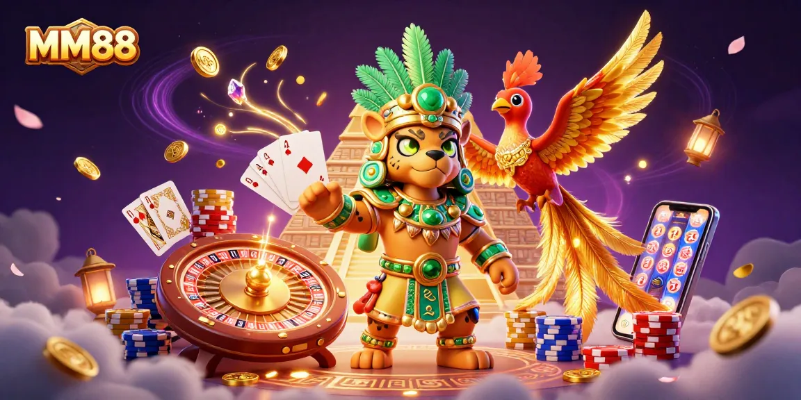 Experience the thrill of MM88 with this dynamic illustration featuring a Mayan priest and casino elements.