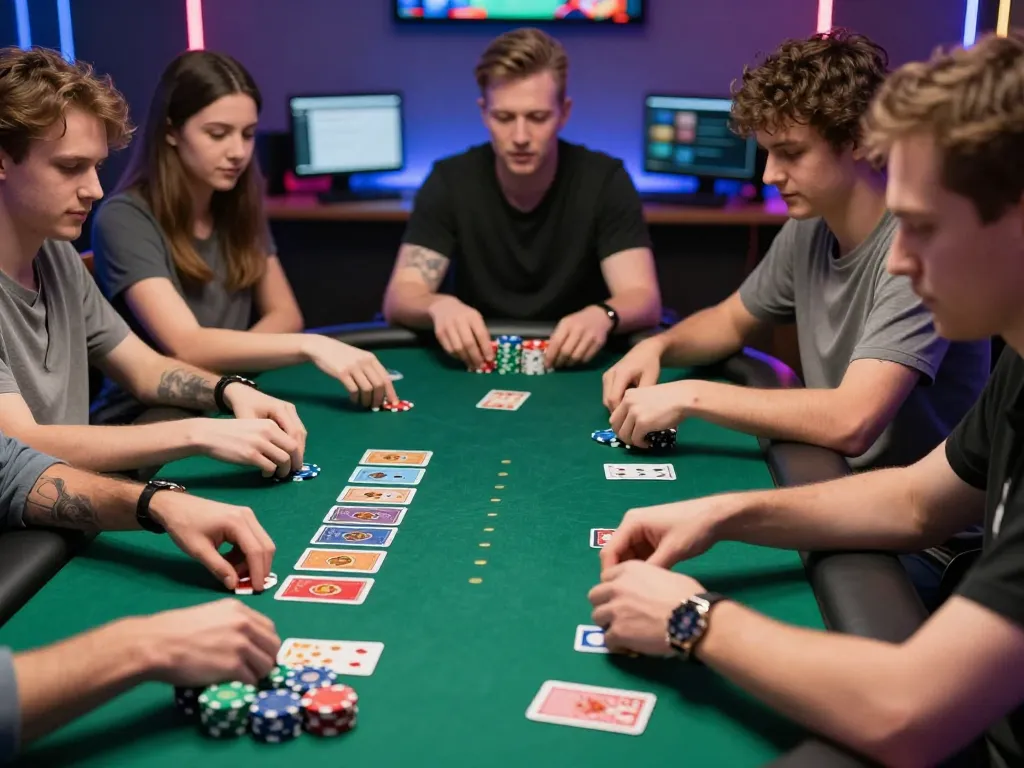 Players engaging in focused poker gameplay at trang chủ lc88 online casino, showcasing strategic moments and excitement.