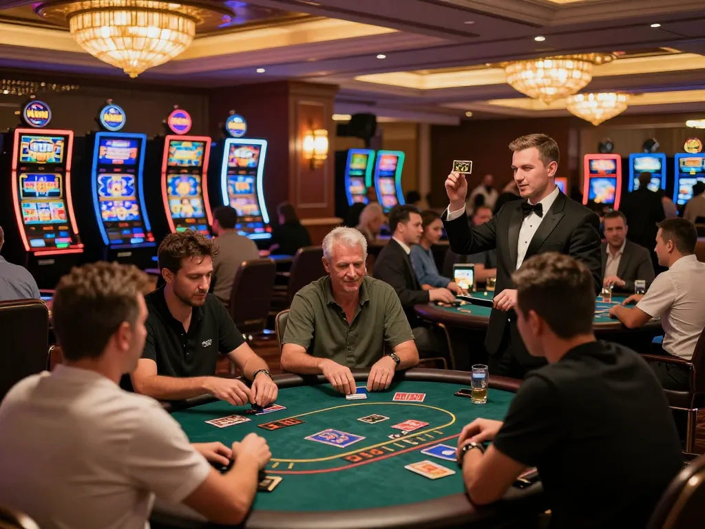 Kkwin players enjoying high-stakes poker at an elegant casino, celebrating wins in a vibrant atmosphere.