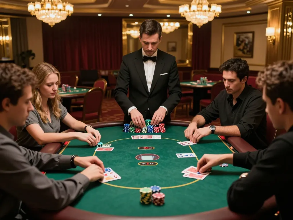 impactxoft players engaged in a poker game at upscale casino with vibrant chips and warm lighting