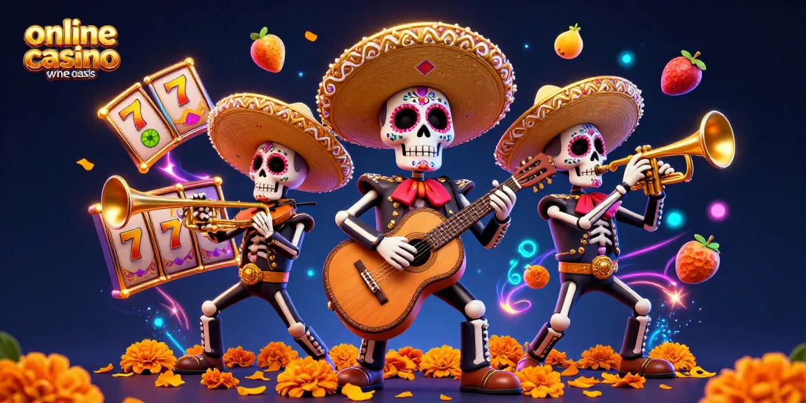 Experience the vibrant vibes of an online casino ohne oasis with a lively mariachi band surrounded by slot game elements.
