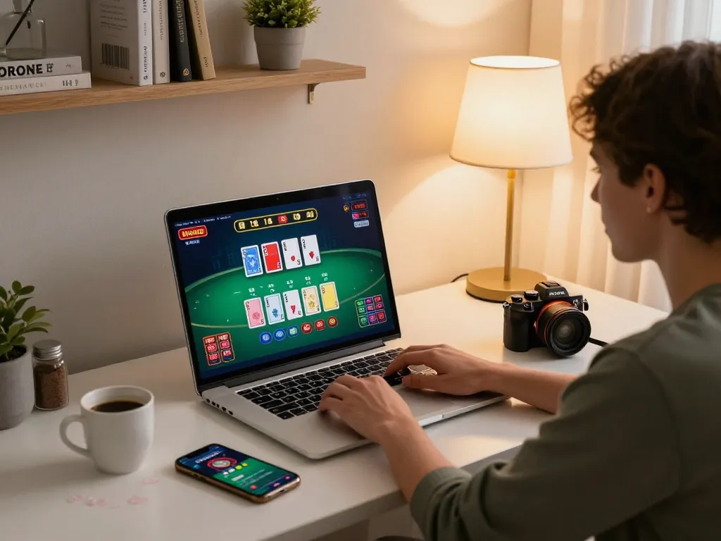 Engaged player using laptop at home to enjoy nhà cái dn88 online blackjack with cozy atmosphere