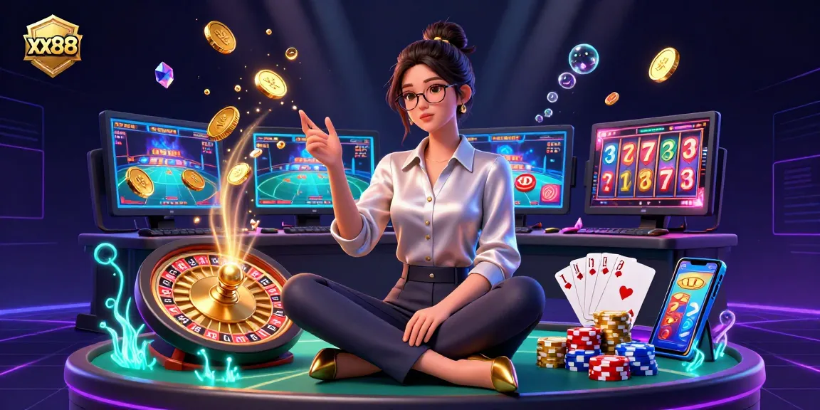 Bet on your luck at xx88 with a glamorous setting featuring an Asian woman at a gaming setup.