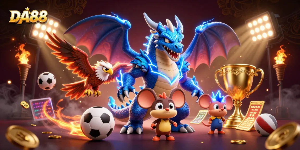 Experience the thrill of DA88 sports betting with dynamic characters and elements illustrating excitement and action.