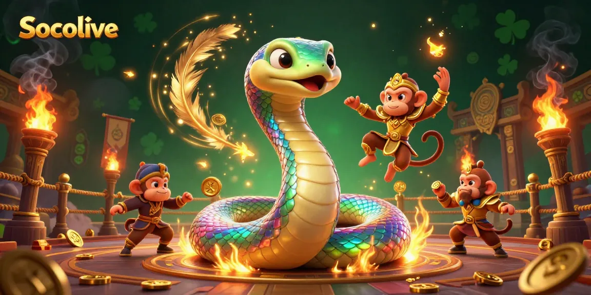 Socolive showcases a vibrant scene with a colorful serpent and monkey king, immersing viewers in a thrilling gaming atmosphere.