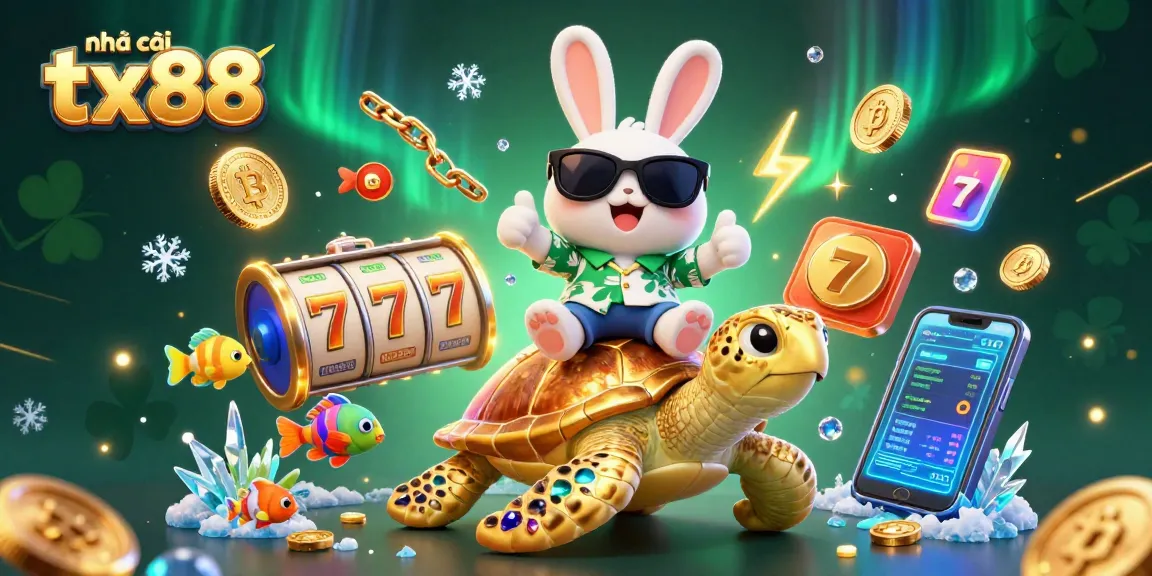 Spin at nhà cái tx88 with luck, featuring a cartoon rabbit riding a golden turtle amidst jackpot elements.