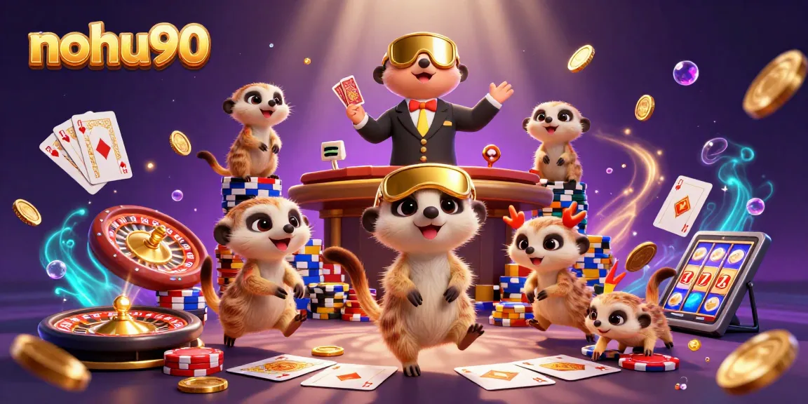 Nohu90 sheepishly wins at the casino as meerkats assist, surrounded by sparkling treasures.