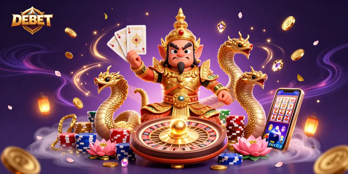 Experience thrilling casino action with DEBET, featuring a 3D guardian and dynamic game elements.