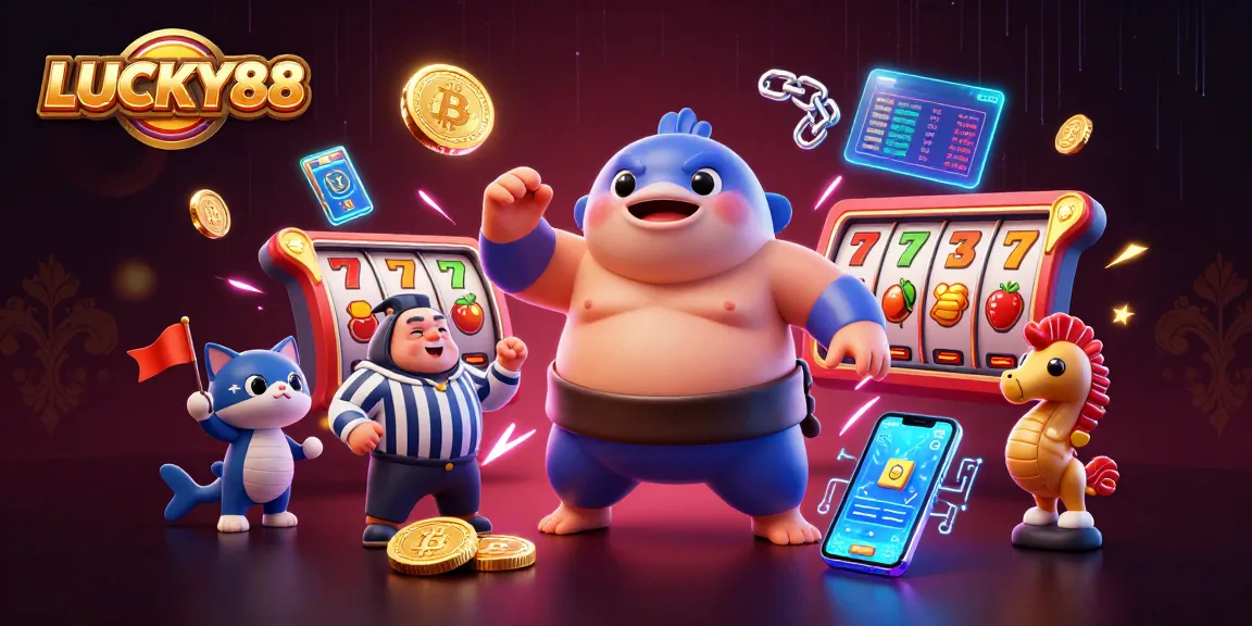 Experience winning jackpots in the LUCKY88 slot scene with animated characters and vibrant casino elements.