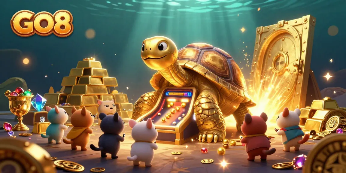 Engage with GO8's thrilling gaming experience illustrated through a colossal golden tortoise at a vibrant casino scene.