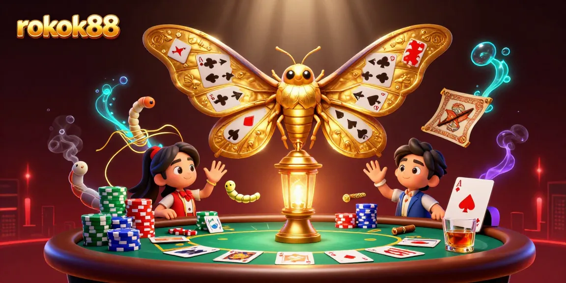 Experience the vibrant rokok88 casino scene with a dynamic moth and poker elements.