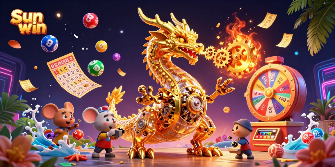 Experience thrilling gameplay with Sun win's golden dragon, surrounded by vibrant lottery elements and dazzling effects.