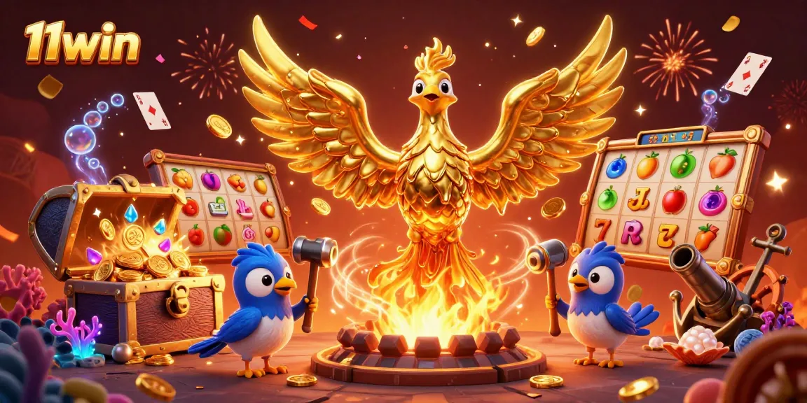 Experience thrilling wins with 11win's golden phoenix and vibrant casino elements in an exciting illustration.